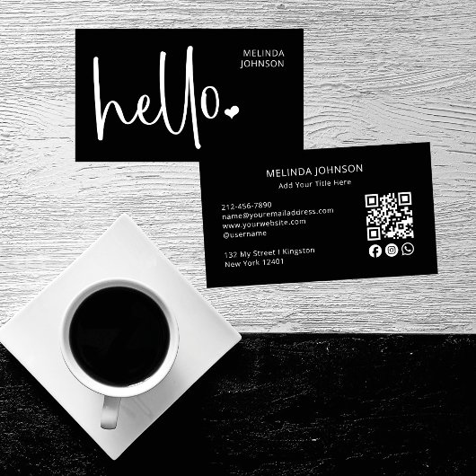 HelloハートブラックスクリプトQRコードソーシャルメディア 名刺