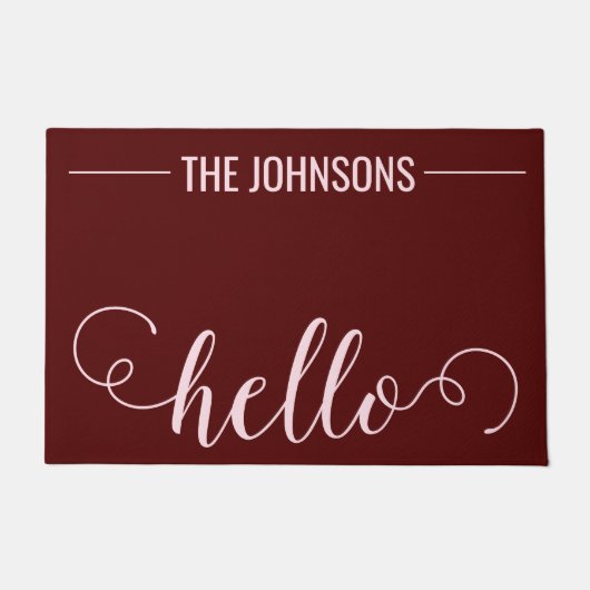 HELLOパーソナライズされたファミリー名ウェルカムマットマルーン ドアマット (正面)