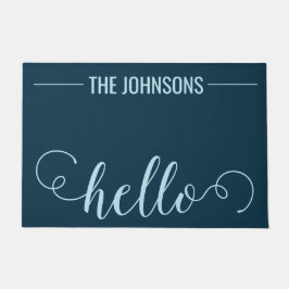 HELLOパーソナライズされたファミリー名Welcome Mat Navy ドアマット