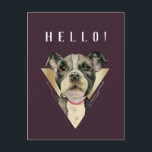 HELLOパープル金ゴールドピットブルパピーウォーター色 ポストカード<br><div class="desc">こちらは白と黒絵画のピットブルワンの水彩画。大きな希望に満ちた目の犬の近くにいる。私はハイシャイン金ゴールドの背景に三角形の枠フェイクを追加した。イラストレーションの上に「HELLO」と表示される。この文字は可能カスタマイズだ。</div>
