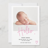 Helloピンクのスクリプトハートフォトガールベビー誕生 案内状 (正面)