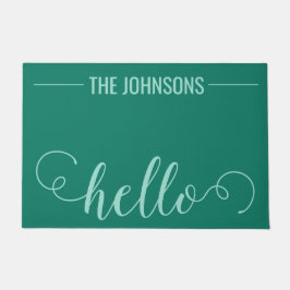 HELLOファミリパーソナライズされた名ウェルカムマットティール（緑がかった色） ドアマット