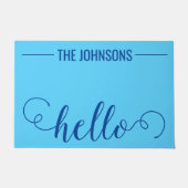 HELLOファミリパーソナライズされた名ウェルカムマットブルー ドアマット (正面)