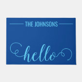 HELLOファミリパーソナライズされた名ウェルカムマットブルー ドアマット (正面)