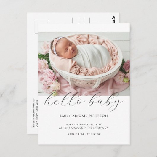 Helloベビーモダンシンプル写真誕生のお知らせ ポストカード (正面/裏面)