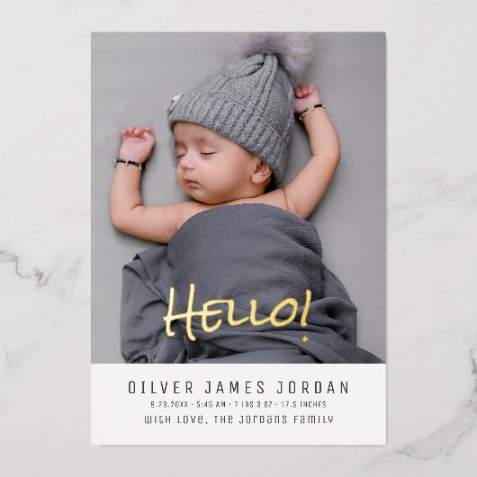 Helloベビー写真の誕生モダン発表 箔招待状 (正面)