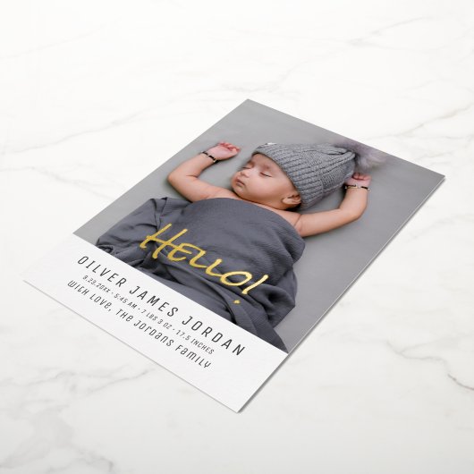 Helloベビー写真の誕生モダン発表 箔招待状 (回転した状態)