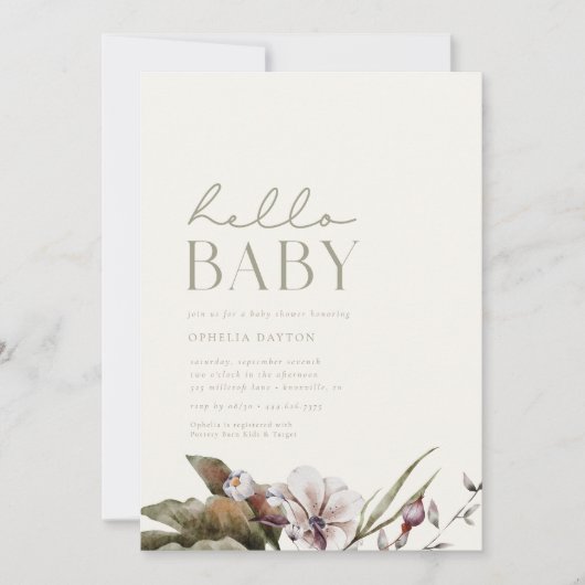 HELLOベビー |ミニマリストのセージとアイボリーベビーシャワー 招待状 (正面)