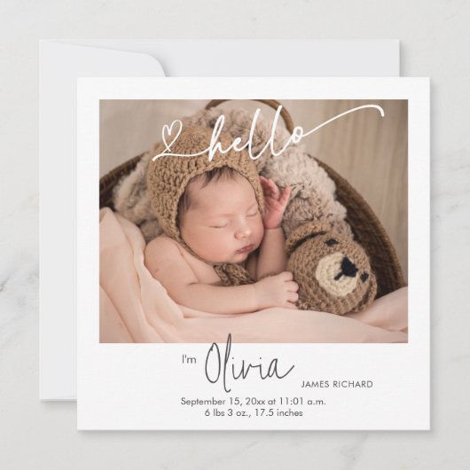 Hello写真生まれたばかりのハートサンキュー誕生 案内状 (正面)