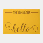 HELLO家族パーソナライズされた名ウェルカムマットマスタード ドアマット (正面)