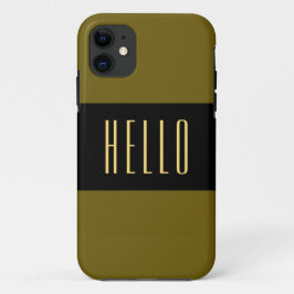 HELLO文字スポーティワイドゴールデンオリーブ黒ストライプ色 iPhone 11 ケース