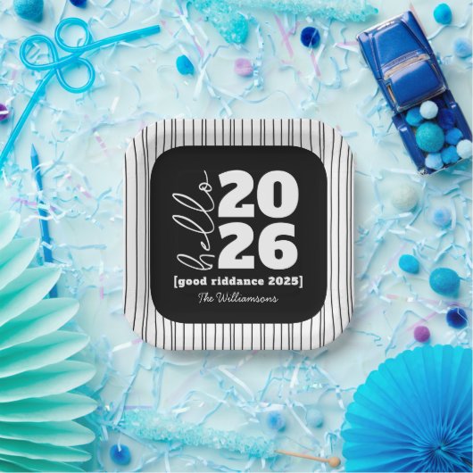 Hello新年はっきりした白黒カスタム年名 ペーパープレート (パーティー)