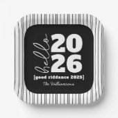 Hello新年はっきりした白黒カスタム年名 ペーパープレート (正面)