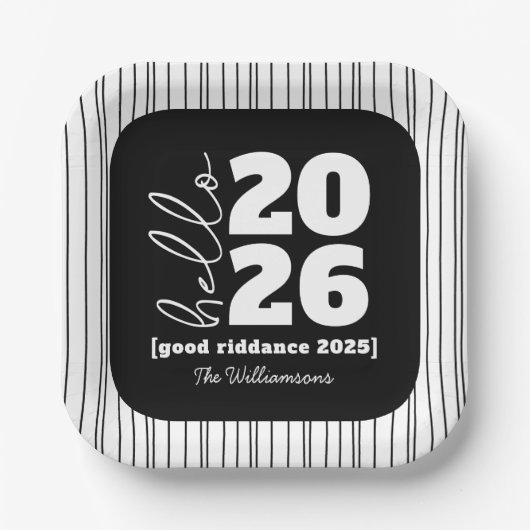 Hello新年はっきりした白黒カスタム年名 ペーパープレート (正面)