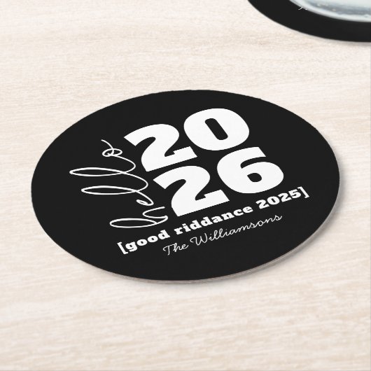 Hello新年はっきりした白黒カスタム年名 ラウンドペーパーコースター (アングル)