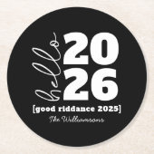 Hello新年はっきりした白黒カスタム年名 ラウンドペーパーコースター (正面)