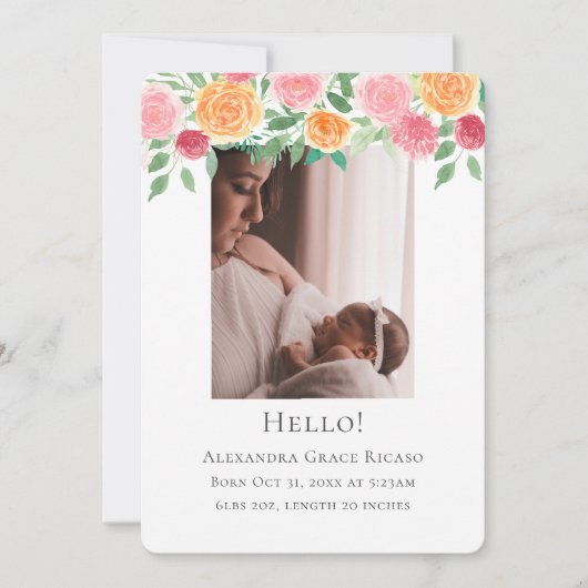 Hello新生児フォトピパーソナライズされたックフラワー 招待状 (正面)