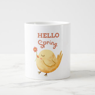 HELLO春イエローベビー鳥持ち花 ジャンボコーヒーマグカップ