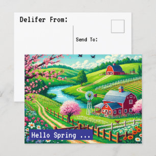 Hello春- 16ビットピクセルアートカントリー側ポストカ シーズンポストカード