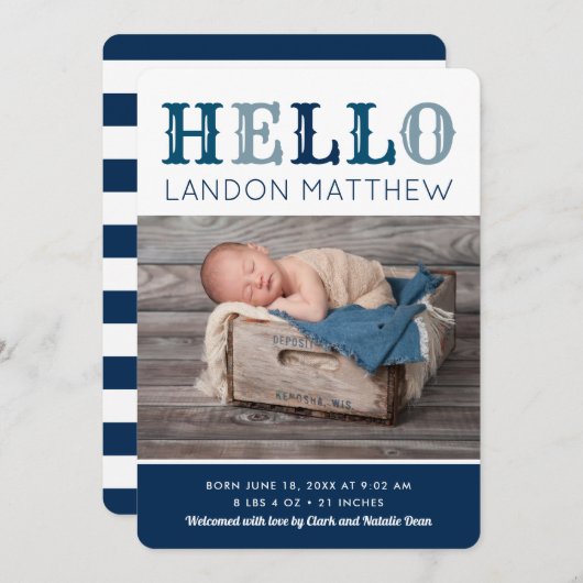 Hello男の赤ちゃん写真の誕生発表 案内状 (正面/裏面)