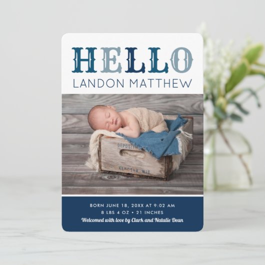 Hello男の赤ちゃん写真の誕生発表 案内状 (スタンド正面)