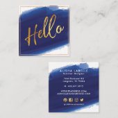 Hello金ゴールドスクリプト | ネイビー水彩ブラシストローク スクエア名刺 (正面/裏面)