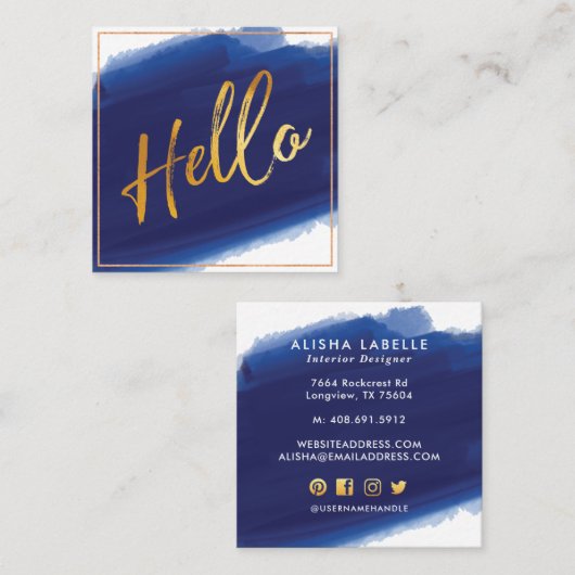 Hello金ゴールドスクリプト | ネイビー水彩ブラシストローク スクエア名刺 (正面/裏面)
