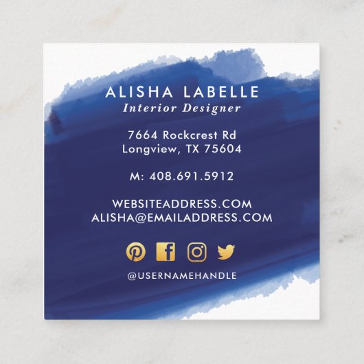 Hello金ゴールドスクリプト | ネイビー水彩ブラシストローク スクエア名刺 (裏面)