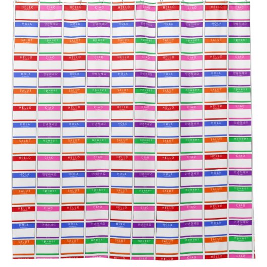 Hello カラフル Ciao Holaこんにちは私の名前はPattern シャワーカーテン (正面)