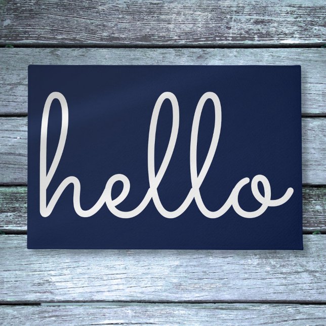 Hello スタイリッシュモダン Script Navy Blue ドアマット (Hello Stylish Modern Script Navy Blue Doormat)