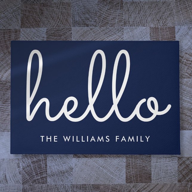 Hello スタイリッシュ Script Navy Blueカスタムファミリー名 ドアマット (Hello Stylish Script Navy Blue Custom Family Name Doormat)