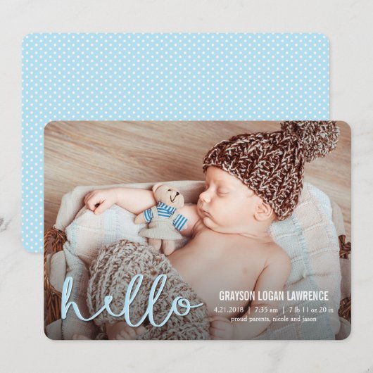 HELLO モダン Birth Announcements青 案内状 (正面/裏面)