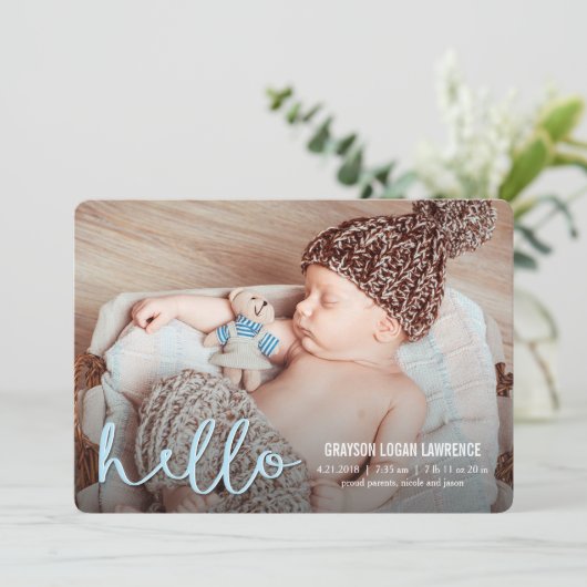HELLO モダン Birth Announcements青 案内状 (スタンド正面)