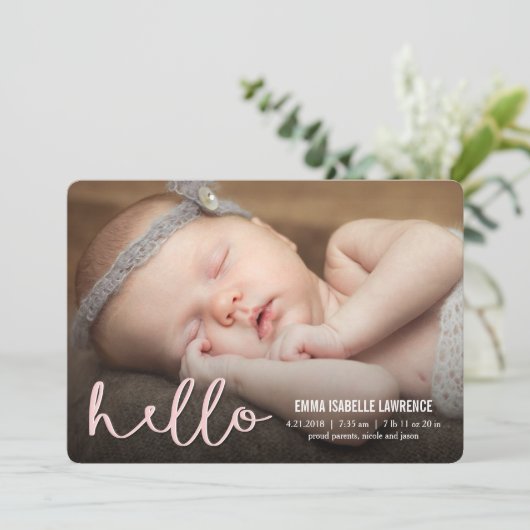 HELLO モダン Birth Announcements PINK 案内状 (スタンド正面)