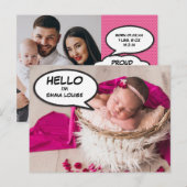 Hello モダン Photo Baby Girl Birth Announcement 案内ポストカード (正面/裏面)