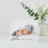 Hello モダン Two Photos Birth Announcement ポストカード (スタンド正面)