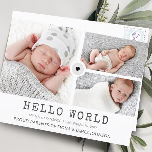 Hello モダン World Photos Grid Collage誕生 案内ポストカード