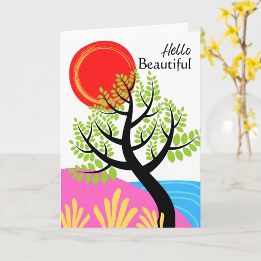 Hello 考え Beautiful Red Sun カード (黄色い花)