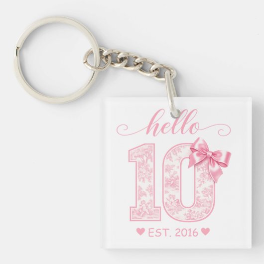 Hello 10 バースデー | ピンクのHello 10 カスタムイヤー キーホルダー (正面)