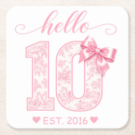 Hello 10 バースデー | ピンクのHello 10 カスタムイヤー スクエアペーパーコースター