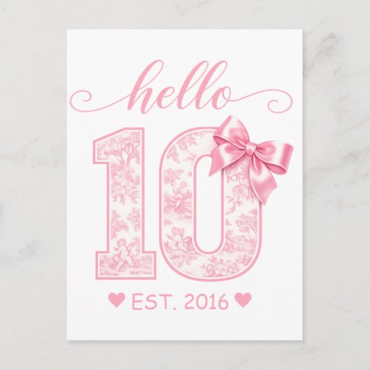 Hello 10 バースデー | ピンクのHello 10 カスタムイヤー ポストカード (正面)