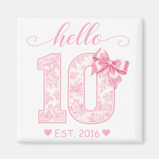 Hello 10 バースデー | ピンクのHello 10 カスタムイヤー マグネット (正面)