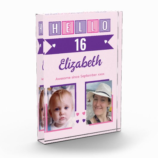 Hello 16 (any age) name est date pink purple フォトブロック (左)