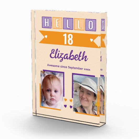 Hello 18 (any age) name est date orange purple フォトブロック (右)