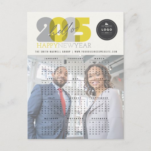 Hello 2025カレンダーはっきりしたタイポグラフィ新年写真 シーズンポストカード (正面)