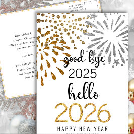 Hello 2025金ゴールドグリッターフェスティバル花火の新年 シーズンポストカード