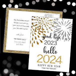 Hello 2025金ゴールドグリッターフェスティバル花火の新年 シーズンポストカード