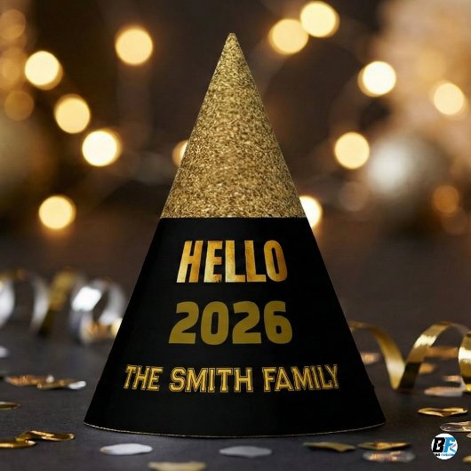 Hello 2026 Black & Gold Glitter Custom Family Name パーティーハット