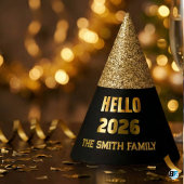 Hello 2026 Black & Gold Glitter Custom Family Name パーティーハット