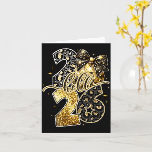 Hello 2026 Coquette Bow Leopard New Years Eve Part カード (黄色い花)